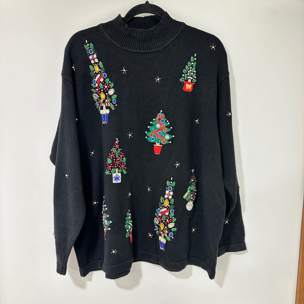 Victoria Jones Christmas‎ Tree Sweater Womens 2X Black Beaded | Kitschy Holiday